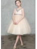 V Neck Beaded Tulle Flower Girl Dress